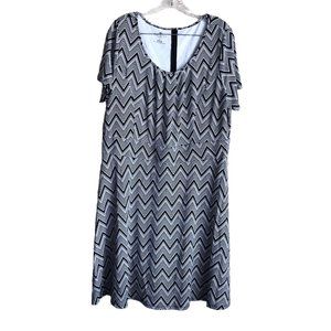 Talbots Women's Midi Nylon Dress Plus 1X Black White Geometric Stretch Short Slv